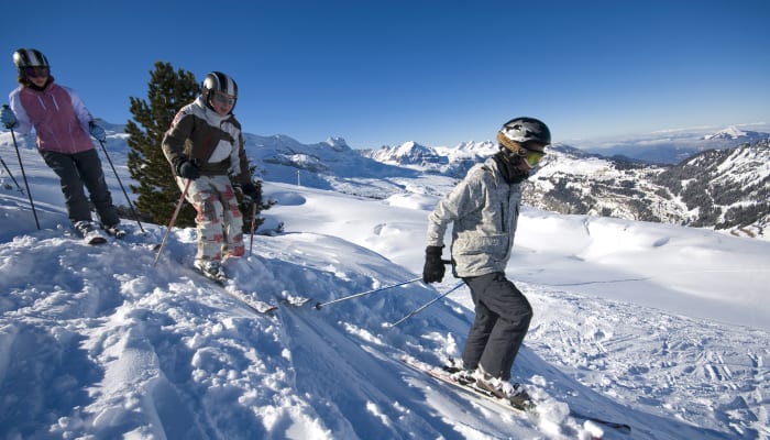 Groupe de skieurs en formation hors-piste sur versant enneigé avec panorama montagneux et vallée alpine