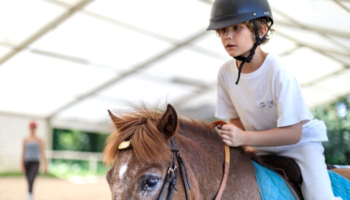 Enfant en casque d'équitation sur un poney brun dans une carrière couverte, initiation équestre pour jeunes cavaliers