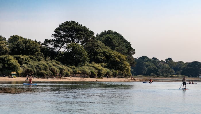 Rivière Odet à Bénodet avec paddleboard et voiliers, entouré de végétation côtière verdoyante