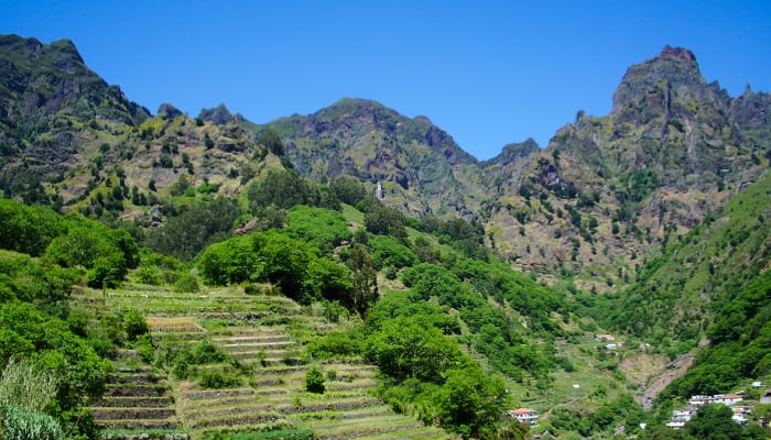 Paysage montagneux de Madère avec terrasses cultivées, végétation luxuriante et pics rocheux sous ciel bleu