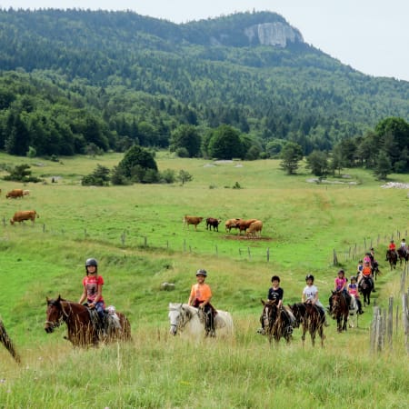 Groupe de jeunes cavaliers en raid équestre à travers les prairies verdoyantes du Vercors avec montagnes boisées en arrière-plan