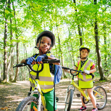 Enfants en gilets de sécurité jaunes pratiquant le VTT sur un sentier forestier avec leurs vélos