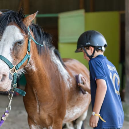 Enfant casqué préparant un cheval alezan pour une activité d'équitation lors d'un séjour multisports à Valloire