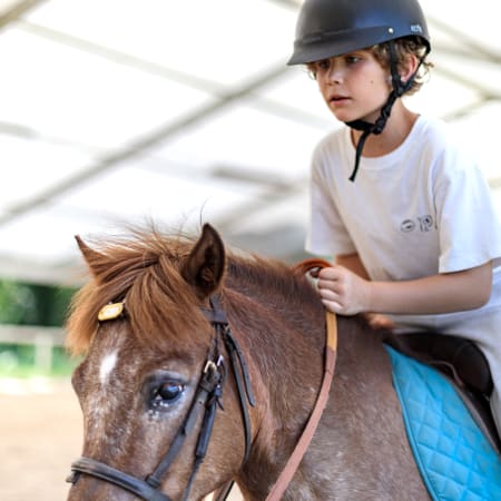 Enfant en casque d'équitation sur un poney brun dans une carrière couverte, initiation équestre pour jeunes cavaliers