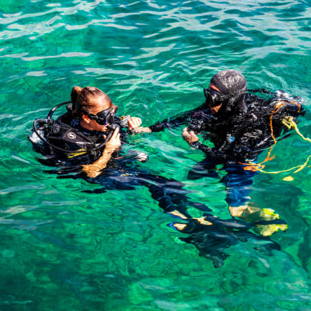 Deux plongeurs en combinaison noire et équipement de plongée dans une eau turquoise cristalline, main dans la main