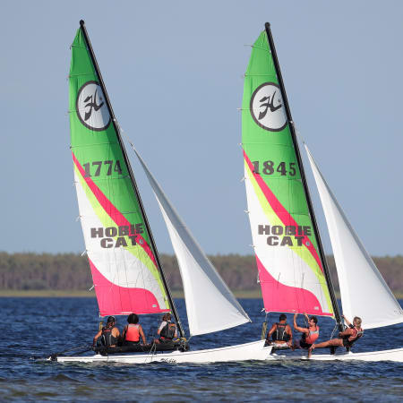 Deux catamarans avec voiles vertes, blanches et roses naviguant sur l'eau avec des participants à bord