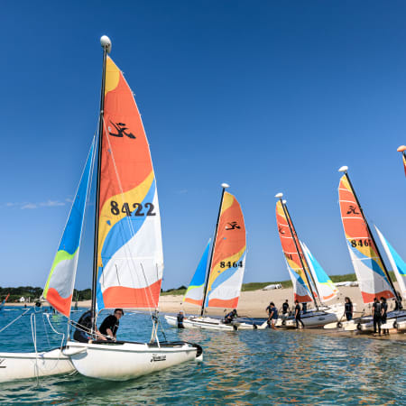 Flotte de catamarans colorés avec voiles orange et numérotation alignés en eau peu profonde pour cours de voile en groupe
