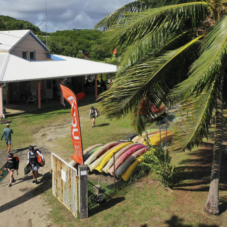 Base UCPA de windsurf avec planches colorées, palmiers et moniteurs accueillant les stagiaires sous le soleil tropical