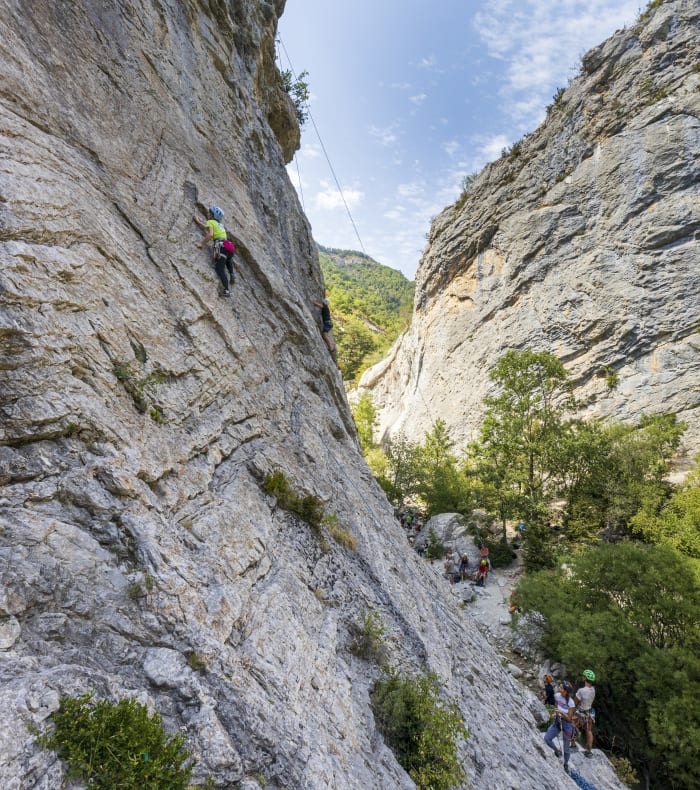 Grimpeur en escalade sur falaise rocheuse dans une gorge encadrée de végétation verte sous ciel bleu