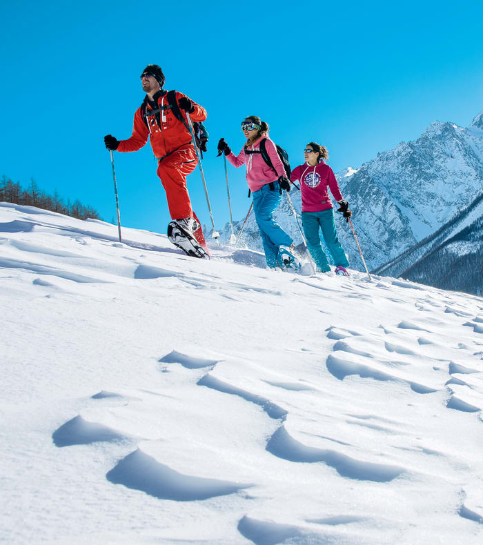 Groupe de trois skieurs de raquettes en montagne enneigée avec paysage alpin et sommets couverts de neige en arrière-plan