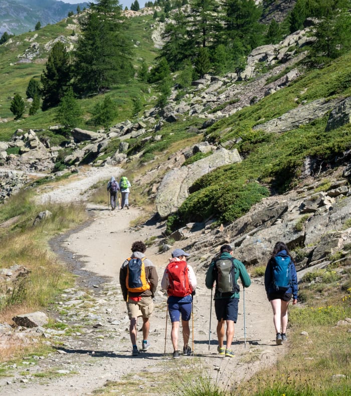 Randonneurs en groupe sur un sentier de montagne dans les Alpes du Sud, paysage verdoyant avec villages en arrière-plan