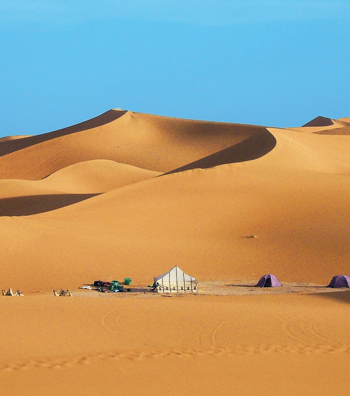 Caravane chamelière et campement avec tentes dans les dunes du Sahara marocain sous ciel bleu