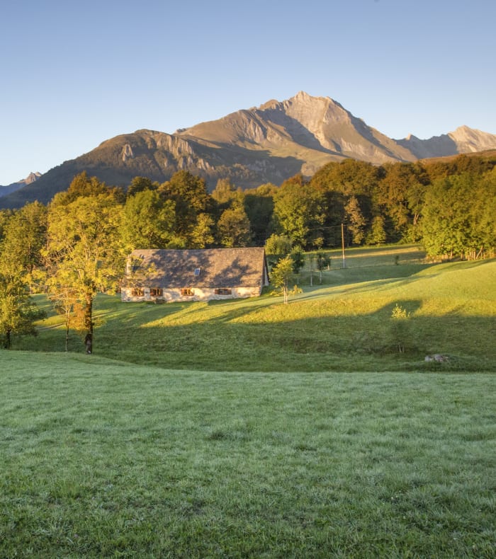 Vallée du Val d'Azun avec pâturages verdoyants, villages aux toits d'ardoise et sommets des Pyrénées en arrière-plan
