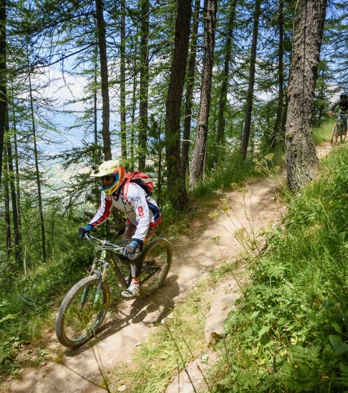 Cycliste en VTT descendant une vallée alpine verdoyante aux Orres avec montagnes boisées en arrière-plan