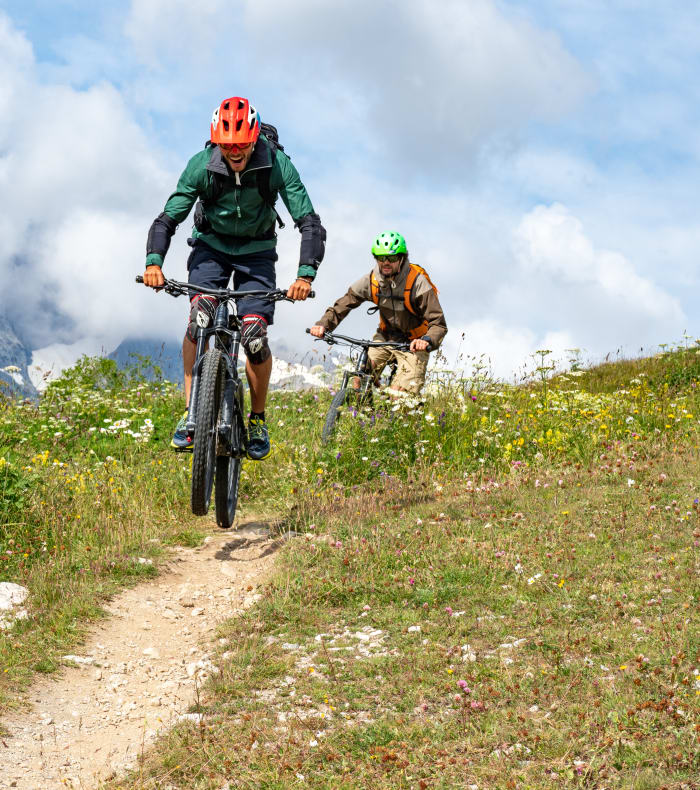 Groupe de quatre VTTistes en descente sur un sentier alpin du Queyras avec fleurs sauvages et montagnes enneigées en arrière-plan