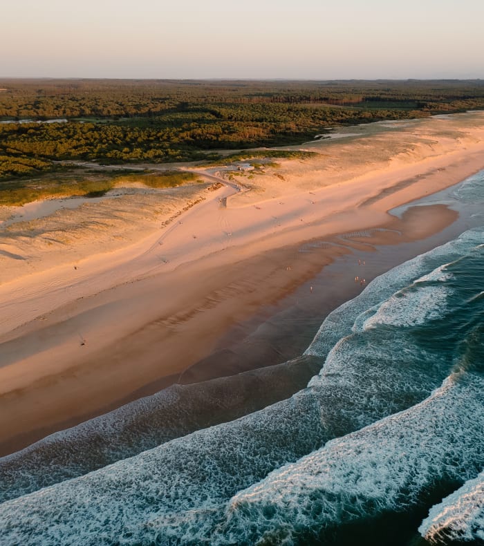 Vue aérienne de Port d'Albret avec plage de sable fin, forêt de pins et océan landais à Hossegor