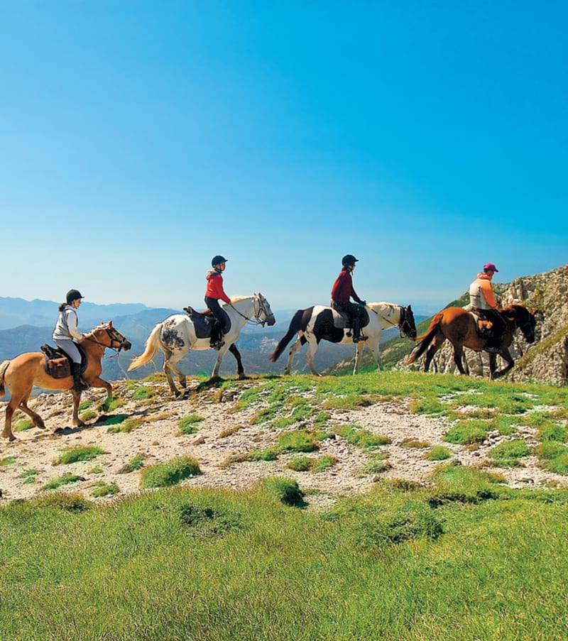 Groupe de cavaliers à cheval en randonnée équestre dans les paysages montagneux du Vercors sous ciel dégagé