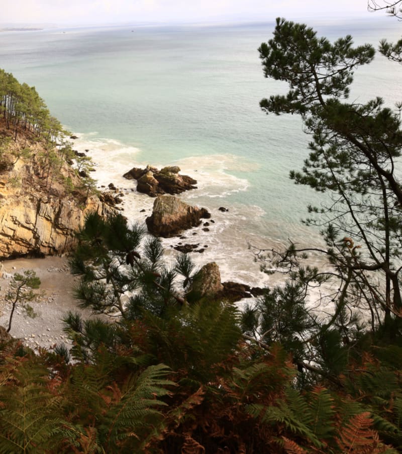 Sentier côtier de Crozon dominant falaises rocheuses et plage de sable blanc en Bretagne