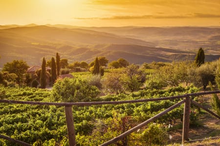 Panorama sur les vallées de la Toscane au coucher de soleil en Italie