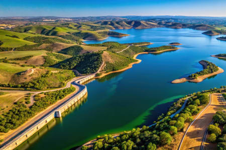 Vue aérienne du lac artificiel du barrage d'Alqueva, entouré d'une végétation luxuriante, Alentejo, Portugal
