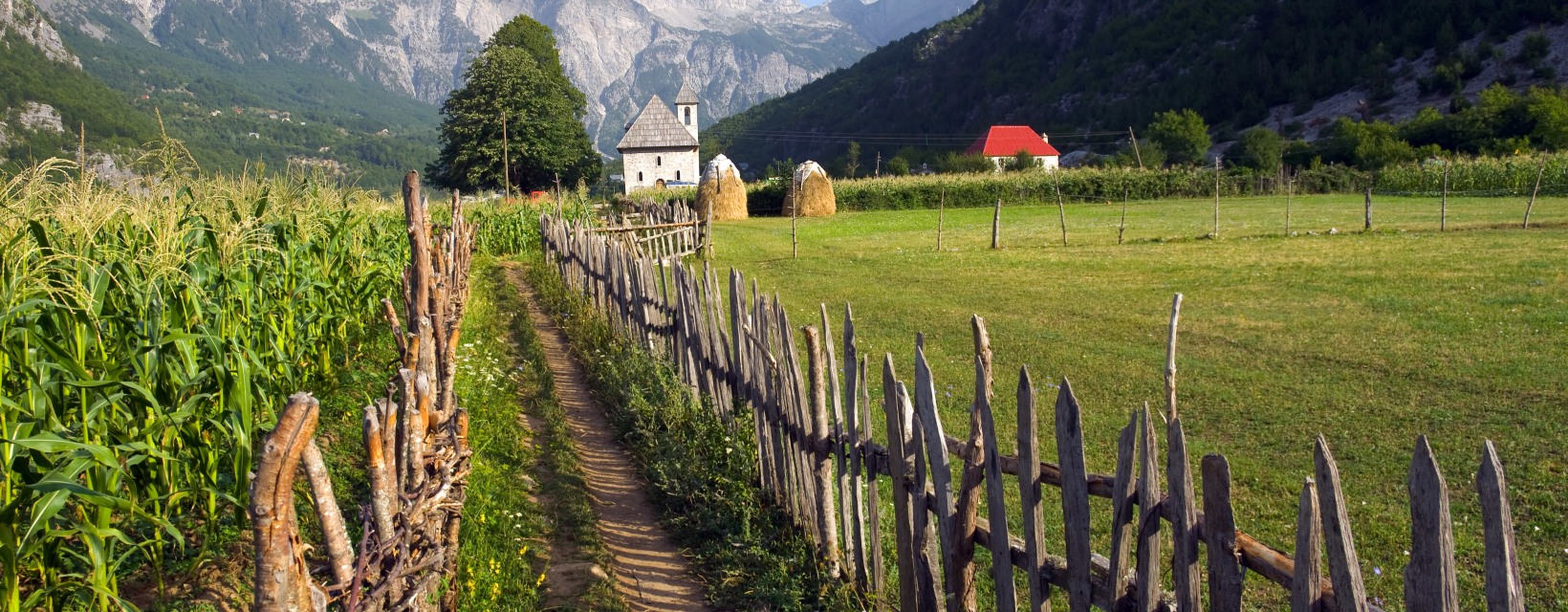 Un chemin au milieu des champs avec vue sur les montagnes de la vallée de Theth en Albanie