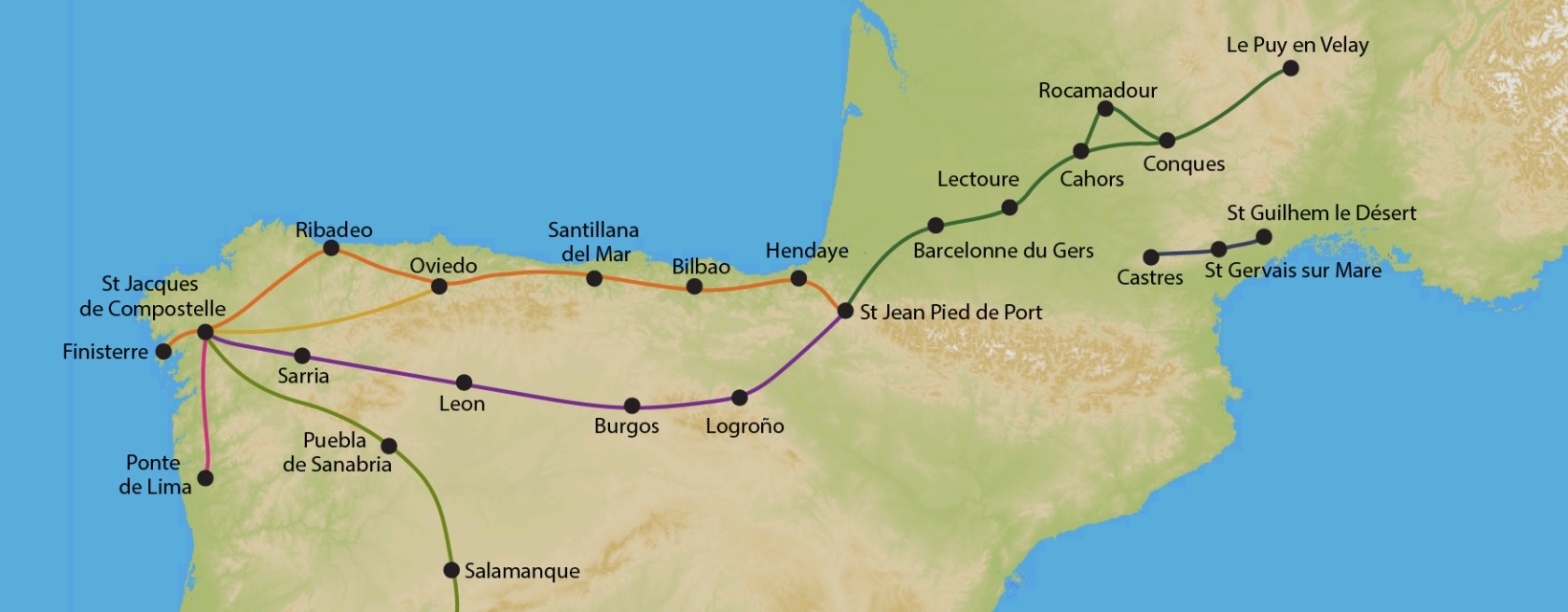 Carte des différents chemins de Compostelle : voie du Puy, chemin d'Arles, Camino Frances, Camino del Norte, Via de la Plata, Via Lusitana, Camino Primitivo
