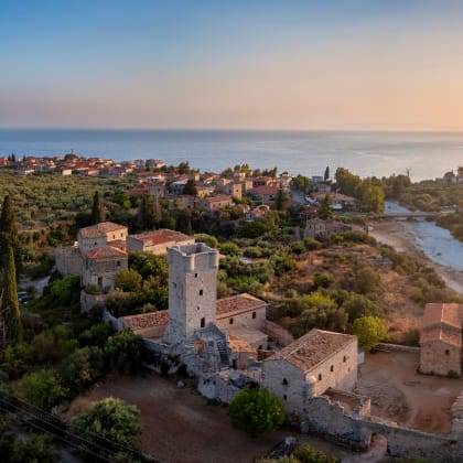 Panoramic aerial view of the old town of Kardamyli during a warm
