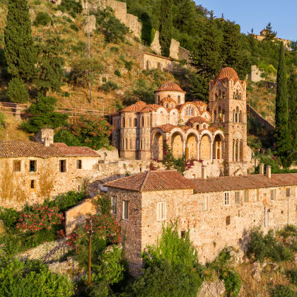 Ruins of old town in Mystras, Greece - archaeology background