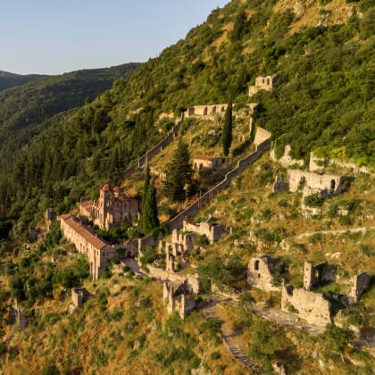 Ruins of old town in Mystras, Greece - archaeology background