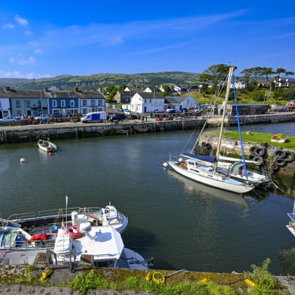 Carnlough, harbour, boats, fishing, shops, sea, Irish Sea