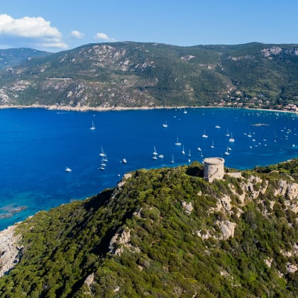 Aerial view of the ruins of the Genoese tower on Campomoro Cape, Corse, France