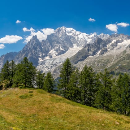 Panorama du massif du Mont Blanc depuis la vallée du Val Ferret en Italie.
