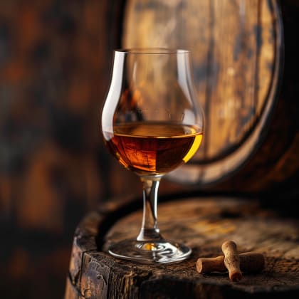 Alcool fort ou liqueur dans un verre à cognac près d'un fût