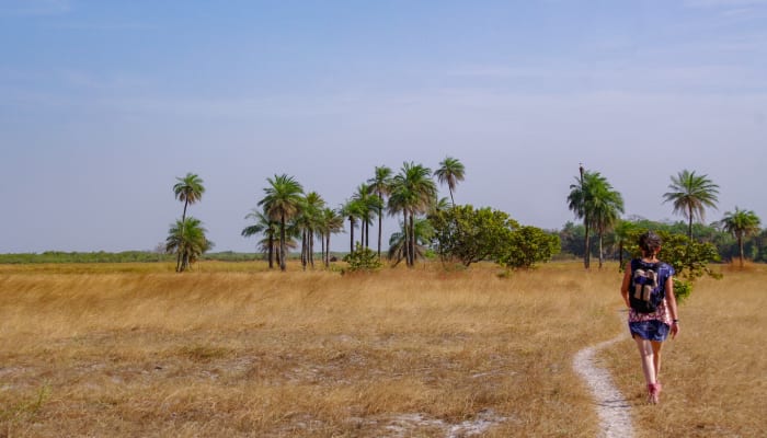 Une femme marche dans un paysage aride en Casamance au Sénégal
